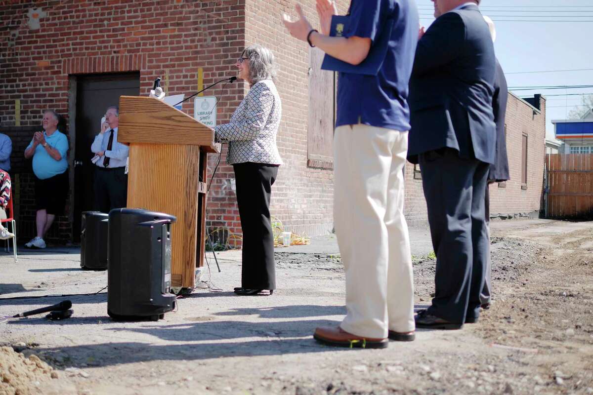 Carmel Patrick, president of the Library Board of Trustees, thanks various people and organizations at a ground breaking ceremony at the site of the new Mont Pleasant Branch Library on Tuesday, May 8, 2018, in Schenectady, N.Y. The new library is being built next door to the current library branch. (Paul Buckowski/Times Union)