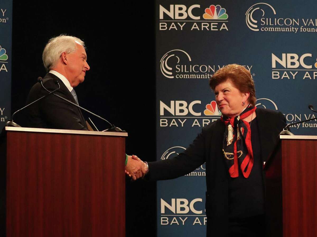 Republican candidate John Cox, left, shakes hands with Democratic candidate Delaine Eastin, right, after the âDecision 2018: The Race for Governorâ debate at the California Theatre on Tuesday, May 8, 2018, in San Jose, Calif. (Aric Crabb/Bay Area News Group)