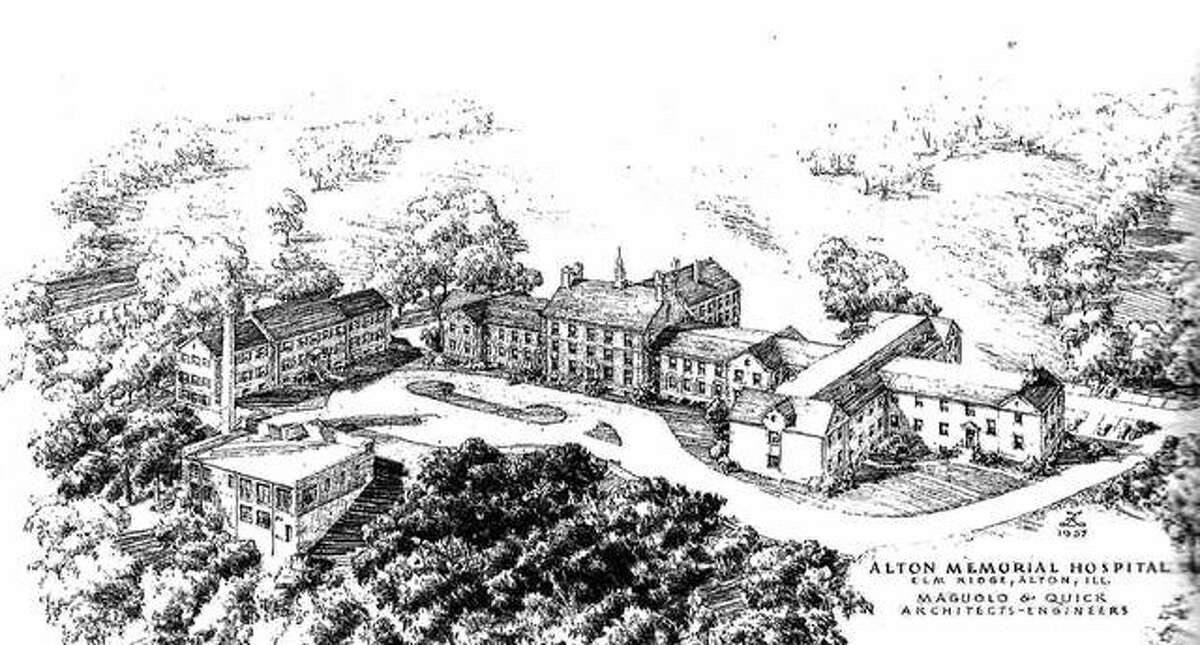 An architectural firm’s proposal shows the Alton Memorial Hospital and additions, in the hills and landscape that surround the hospital. The bids for construction of the new wing were opened on Oct. 28, 1958. It would later be named the Mary M. Olin Wing, honoring the widow of F.W. Olin, the man who founded Western Cartridge Company, which grew into the huge Olin industrial empire. The addition to the building would form a T-shaped wing at the northwestern end of the existing building. It included sixty-four additional beds and six departments: maternity, pediatrics, X-ray, physical therapy, emergency room, and laboratories. The Olin Wing formally opened in 1960.