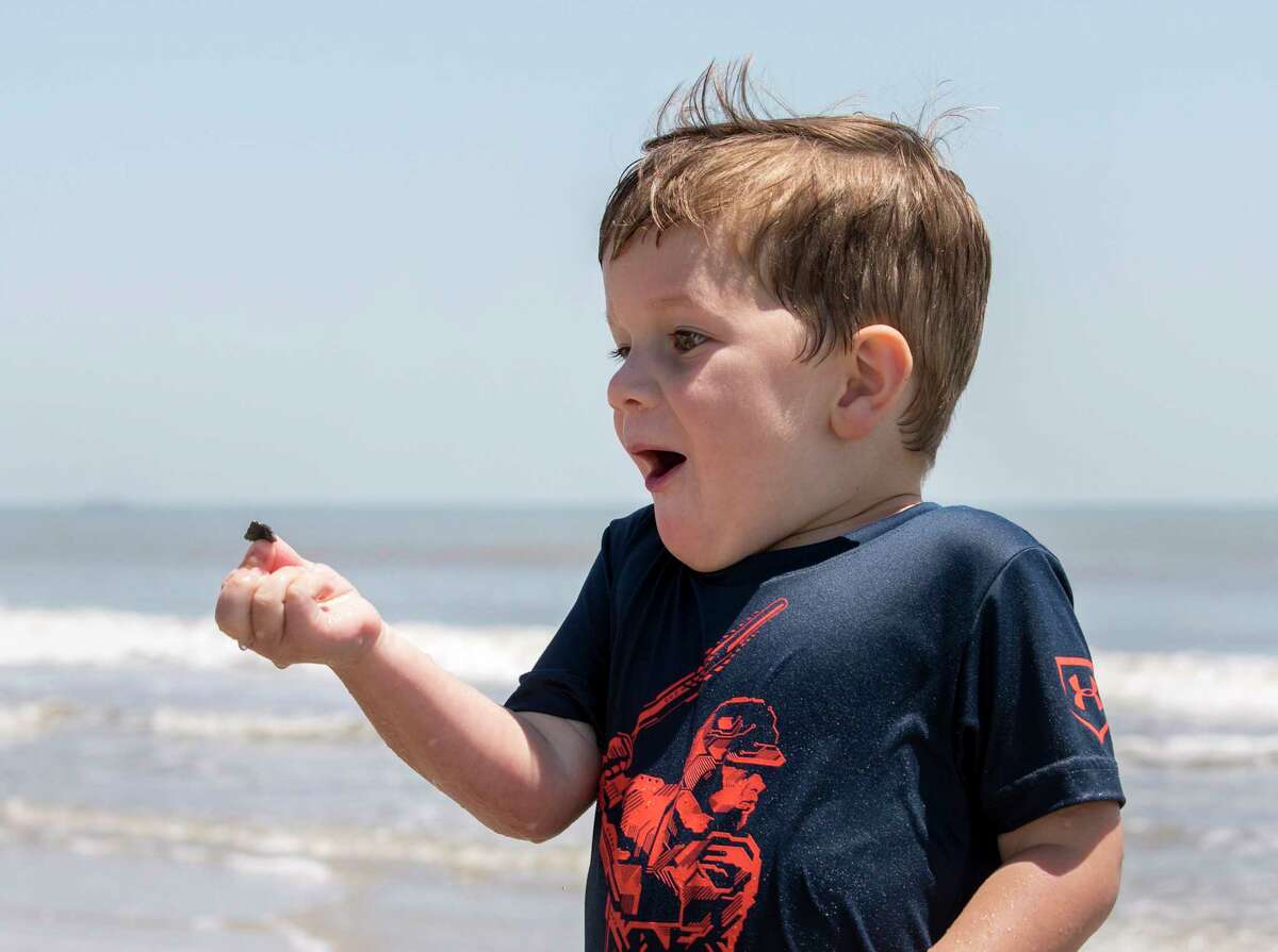 Collin Doggett, 4, who traveled from Decatur, Texas, with his family to spend time at the beach, finds a seashell he likes as he plays in the surf for the first time, Monday, April 23, 2018, in Galveston. ( Jon Shapley / Houston Chronicle )