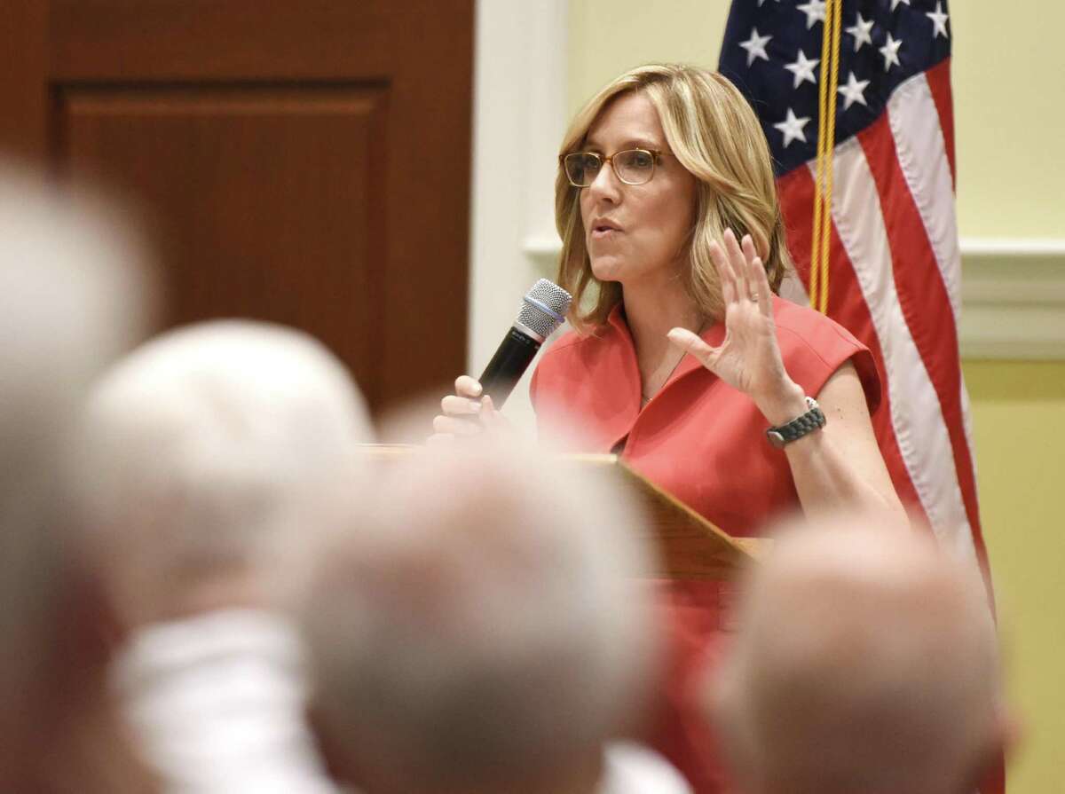 Television news journalist Alisyn Camerota speaks during the Retired Men's Association's weekly speaker series at First Presbyterian Church in Greenwich, Conn. Wednesday, May 9, 2018. Camerota, of Westport, currently co-anchors CNN's "New Day" and previously held a 16 year career at FOX News.