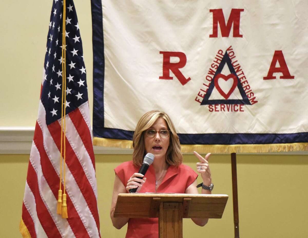 Television news journalist Alisyn Camerota speaks during the Retired Men's Association's weekly speaker series at First Presbyterian Church in Greenwich, Conn. Wednesday, May 9, 2018. Camerota, of Westport, currently co-anchors CNN's "New Day" and previously held a 16 year career at FOX News.