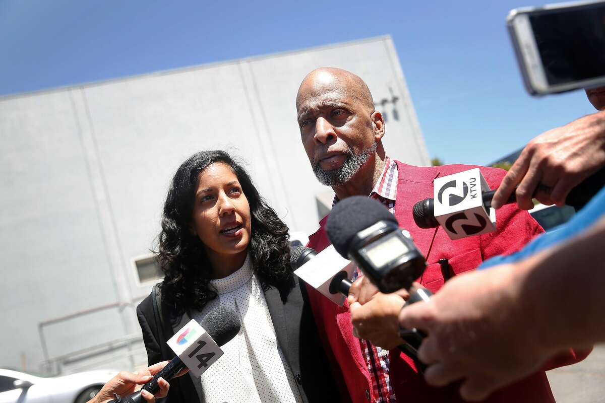 Kenneth Humphrey (right) and Anita Nabha (left), talk to members of the media on Wedesday, May 9, 2018 in San Francisco, Calif. Months after a state appeals court found that his $350,000 bail was unconstitutionally excessive because he couldn't come close to affording it, Humphrey is released from jail.