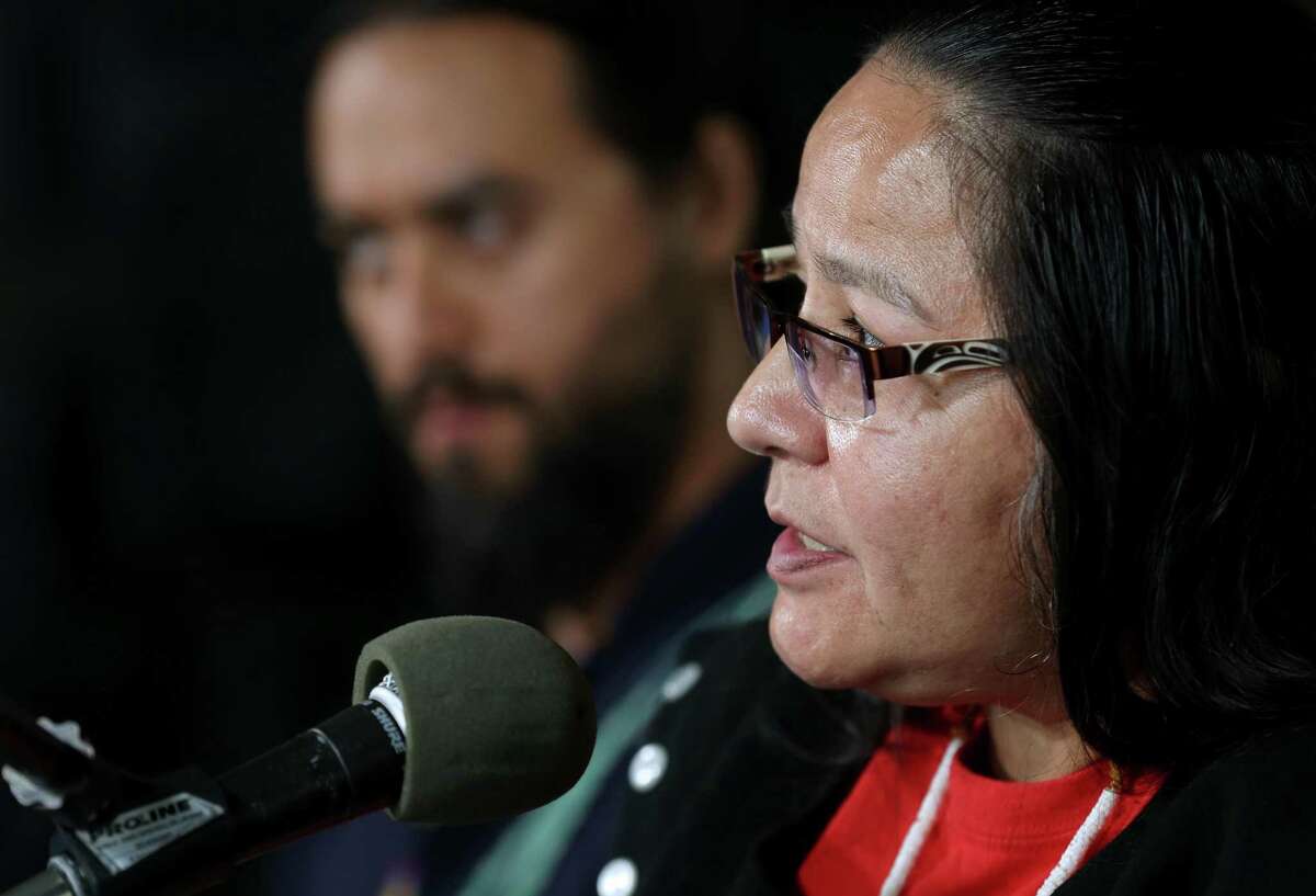 Neskonlith te Secwepemc chief Judy Wilson talks with reporters during a press conference at the Houston Public Library following an appearance Kinder Morgan International's Annual General Meeting Wednesday, May 9, 2018, in Houston. Wilson talked about the opposition to the Trans Mountain Pipeline. ( Godofredo A. Vasquez / Houston Chronicle )