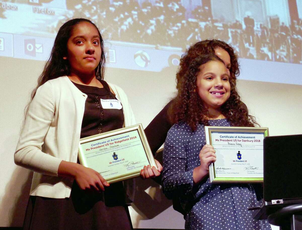 Hersha Chauhan, 13, left, was named Ms President of Ridgefield and Brianna Razeq, 11, was named Ms President of Danbury at an election held by Ridgefield nonprofit Ms President US, which teaches girls fourth through eighth grade about civic engagement and leadership skills.