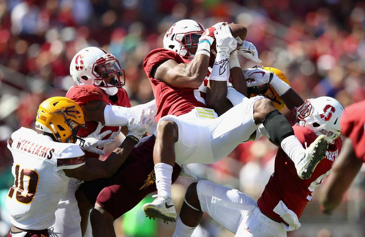 PALO ALTO, CA - SEPTEMBER 30: Justin Reid #8 of the Stanford Cardinal makes an interception against the Arizona State Sun Devils at Stanford Stadium on September 30, 2017 in Palo Alto, California. (Photo by Ezra Shaw/Getty Images)