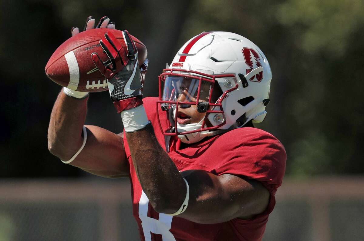 Strong safety Justin Reid (8) catches a ball while doing drills during Stanford football practice at Stanford, Calif., on Sunday, August 13, 2017.