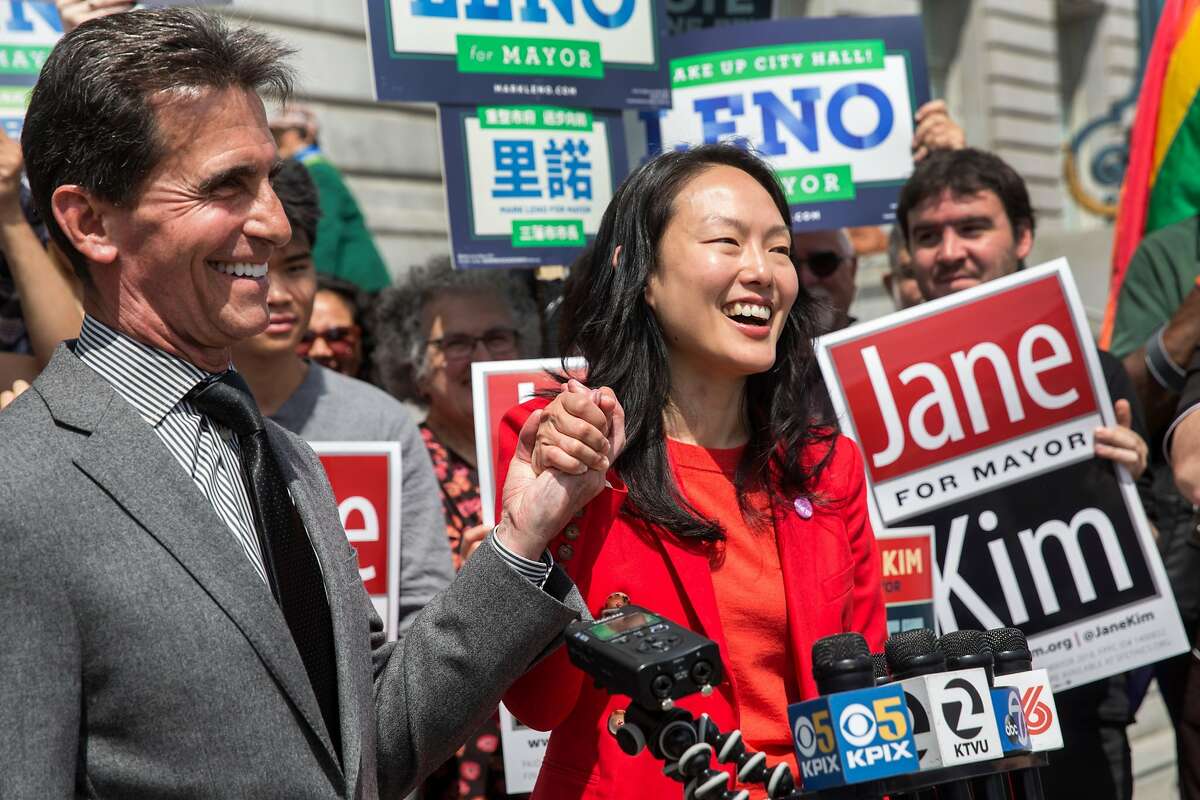 SF mayoral candidates Jane Kim and Mark Leno are seen together at a press conference to announce the historic "Standing Together" joint campaign ad on Thursday, May 10, 2018. San Francisco Calif.