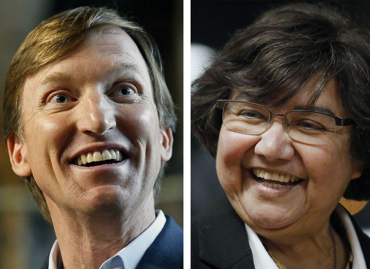 Left, Texas Democratic gubernatorial candidate Andrew White speaks during a San Antonio event Feb. 17, 2018. Right, Texas Democratic gubernatorial candidate and former Dallas County Sheriff Lupe Valdez at San Antonio event, Jan. 12, 2018.