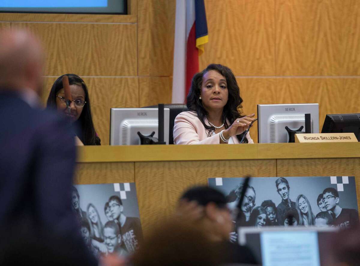 Board president Rhonda Skillern-Jones speaks during a Houston Independent School District board meeting, Thursday, May 10, 2018, in Houston.