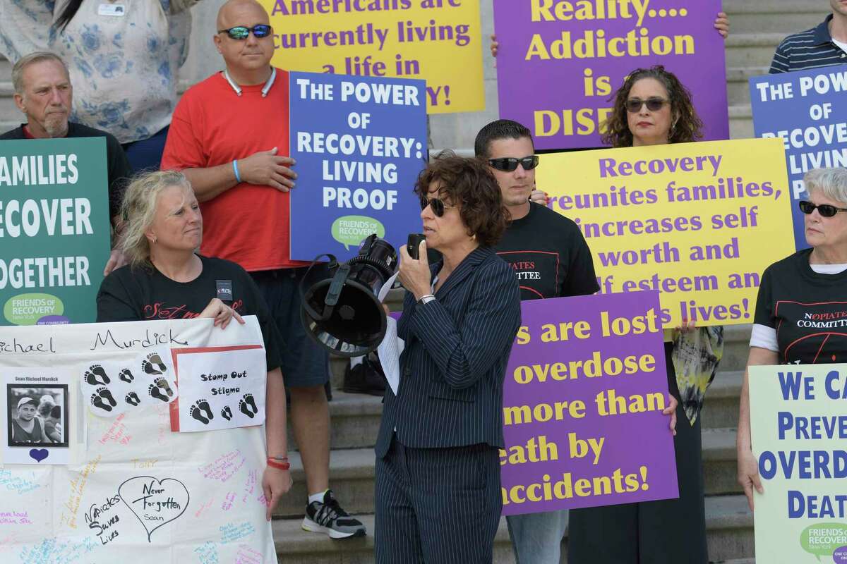 Stephanie Campbell, executive director of the Friends of recovery speaks at a demonstration bringing light to the serious disease of drug addiction Tuesday June 20, 2017 at the State Capitol in Albany, N.Y. (Skip Dickstein/Times Union)