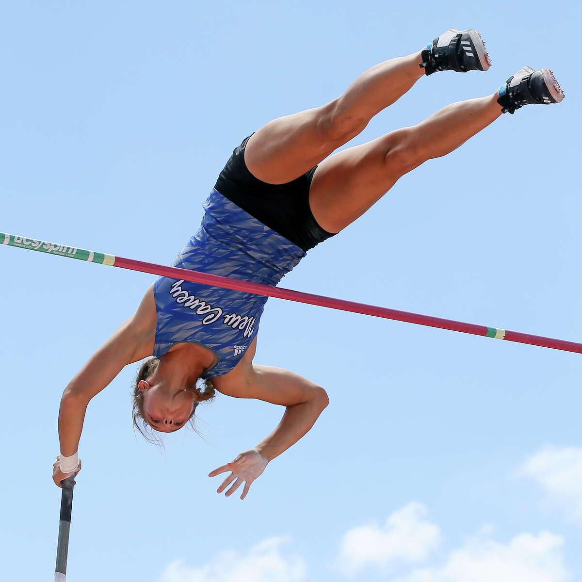 New Caney's Nastassja Campbell clears 13 feet, 9 inches to set a new Class 5A girls record in the 5A girls pole vault during the first day of the UIL state track and field championships at Mike A. Myers Stadium in Austin on Friday, May 11, 2018. MARVIN PFEIFFER/mpfeiffer@express-news.net