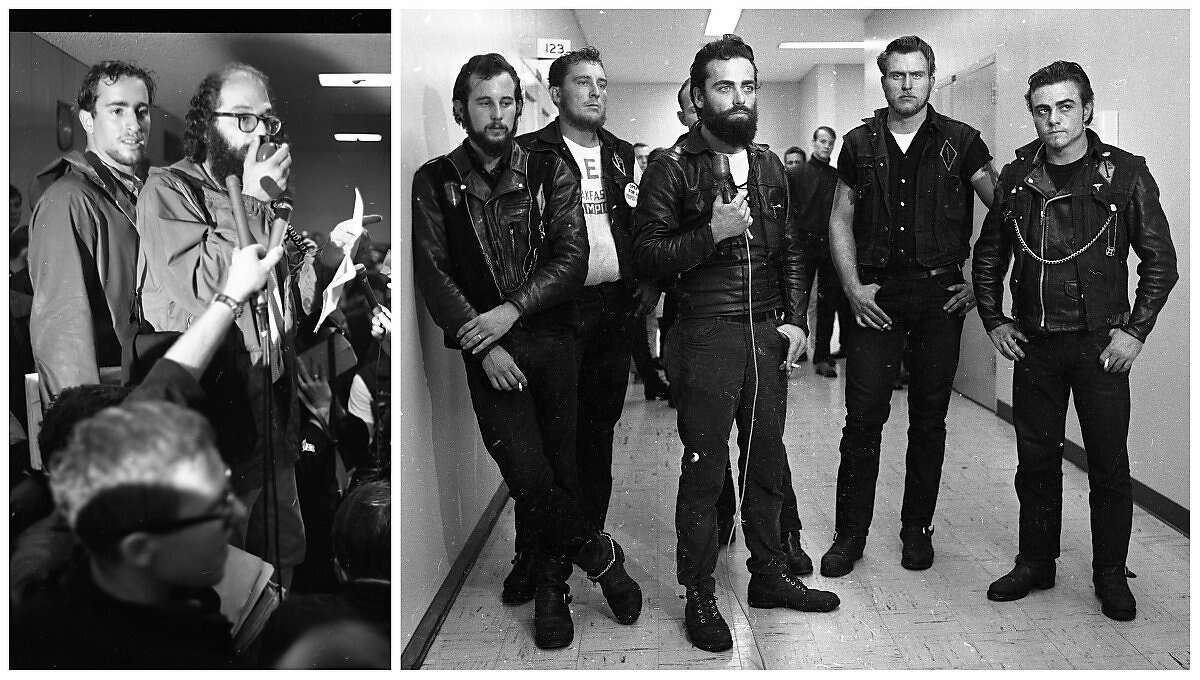 A photo composite of Hells Angels members and Beat Generation poet Allen Ginsberg during a 1965 Vietnam War protest.