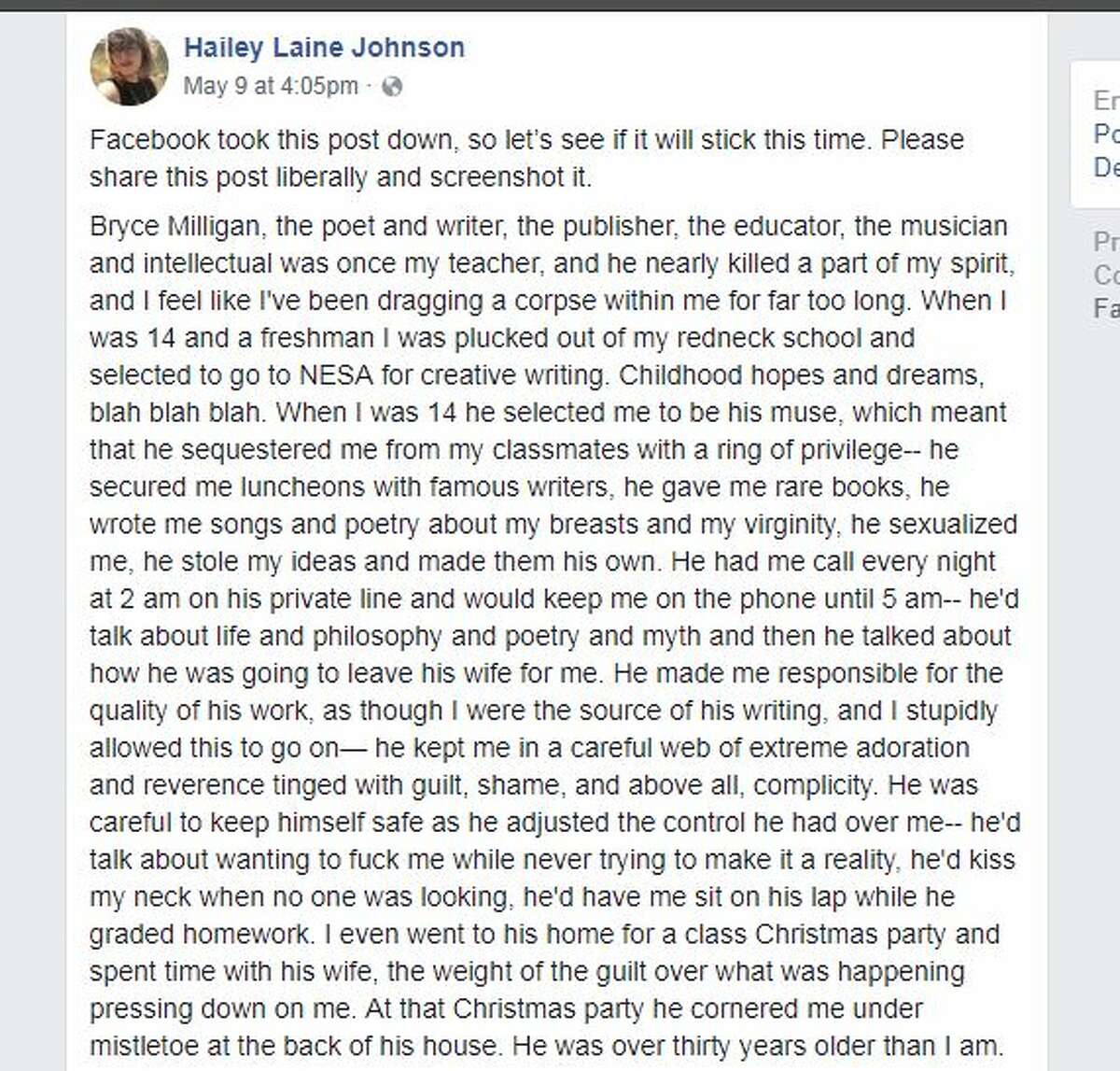 1. Hailey Laine Johnson posted this message to Facebook 4 p.m. May 9, 2018.