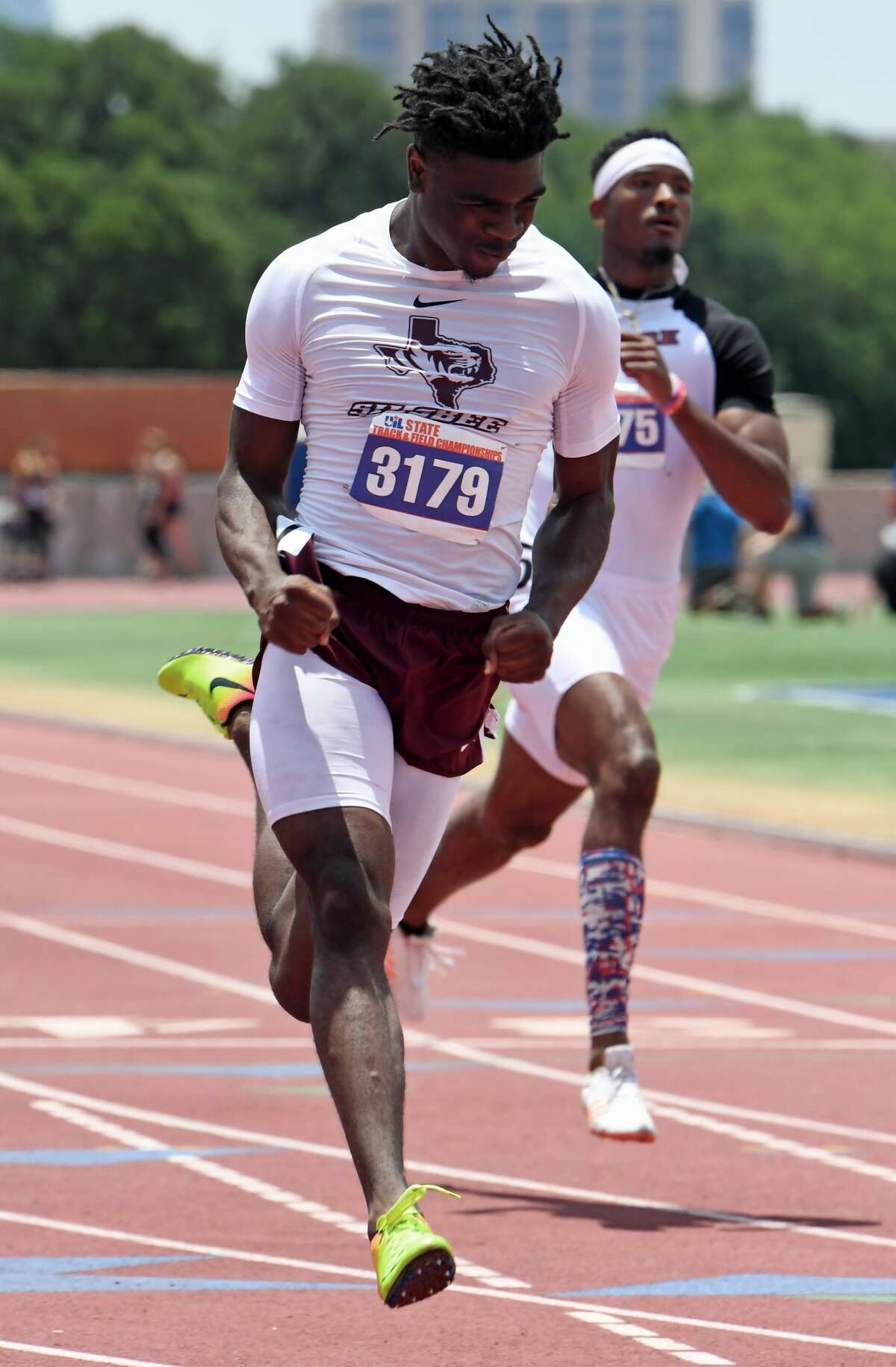 Silsbee's Kalon Barnes celebrates after running in the 100 meter dash at the State Championships in Austin on Saturday, May 12. Barnes placed first in the competition. Photo taken Saturday, May 12, 2018 Guiseppe Barranco/The Enterprise