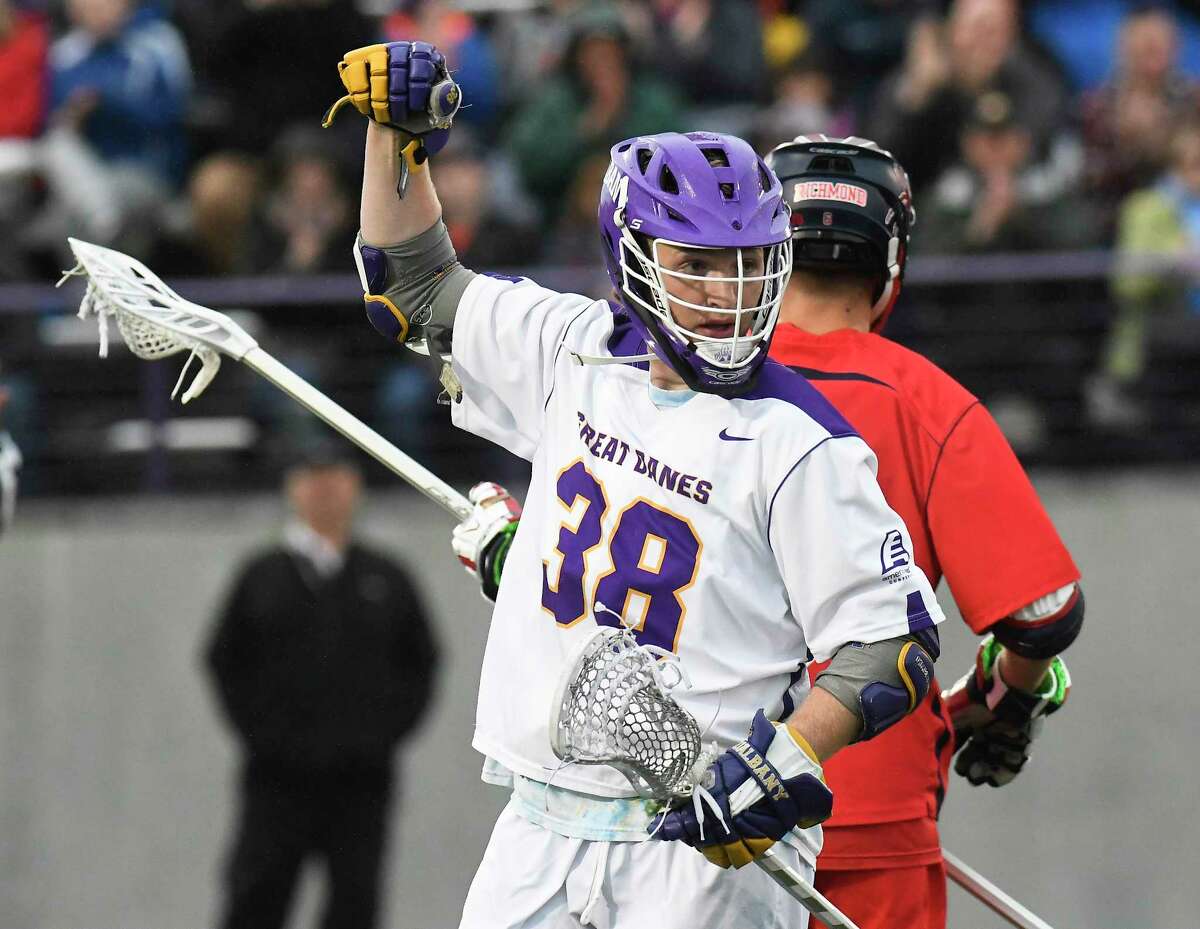UAlbany's Sean Eccles (38) celebrates his goal against Richmond during a NCAA Tournament first-round Division I lacrosse game Saturday, May 12, 2018, in Albany, N.Y.