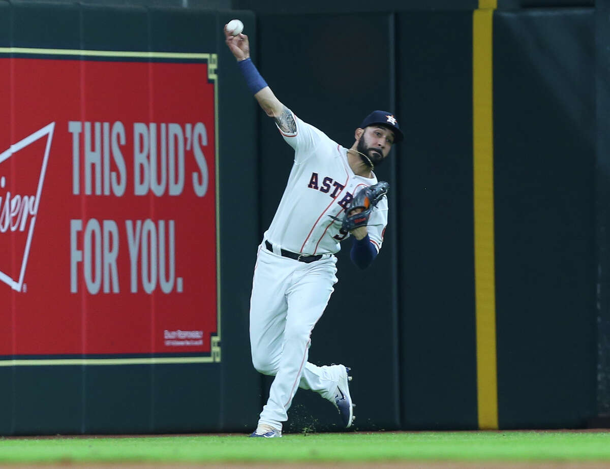 Houston Astros left fielder Marwin Gonzalez (9) throws the ball back to the infield during the top third inning of the MLB game against the Texas Rangers at Minute Maid Park on Saturday, May 12, 2018, in Houston. ( Yi-Chin Lee / Houston Chronicle )