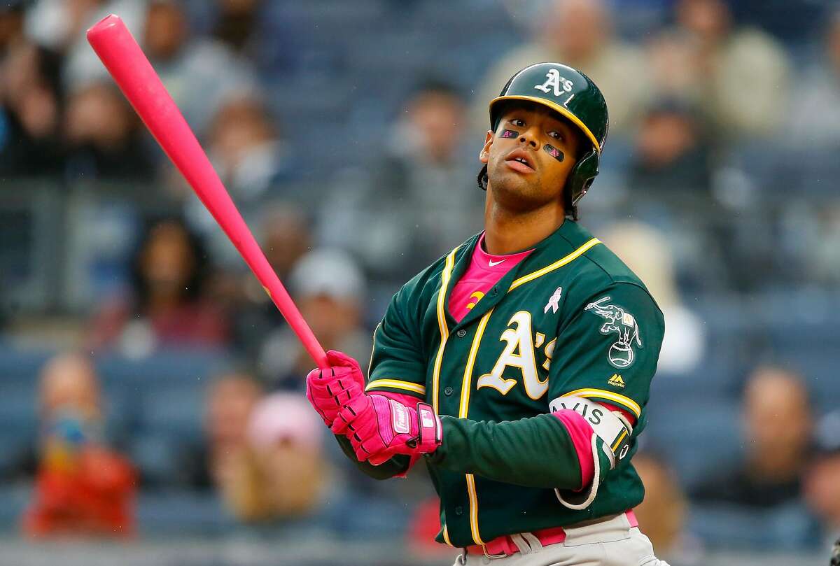 NEW YORK, NY - MAY 13: Khris Davis #2 of the Oakland Athletics reacts after striking out out to end the first inning against the New York Yankees at Yankee Stadium on May 13, 2018 in the Bronx borough of New York City. (Photo by Jim McIsaac/Getty Images)