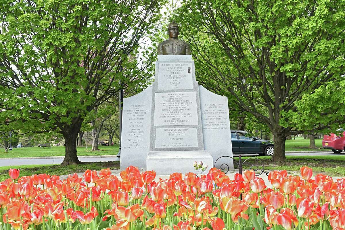 The Henry Johnson statue in Washington Park is seen near the corner of Madison Avenue and Willett Street on Tuesday, May 8, 2018 in Albany, N.Y. (Lori Van Buren/Times Union)