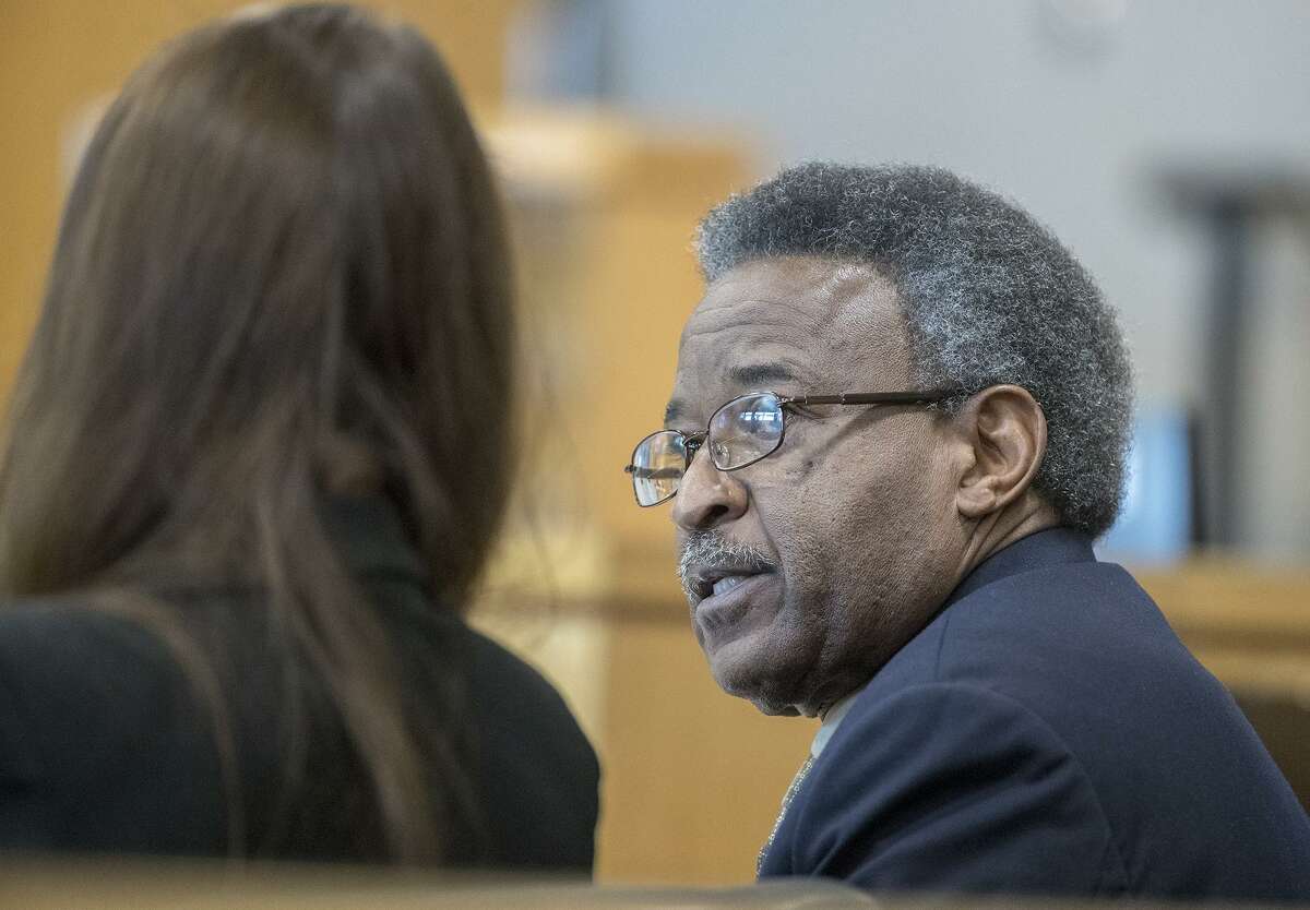 James R. Miller speaks with his attorney during Closing arguments in his homicide case. Miller is accused of stabbing to death Daniel Spencer, a 32-year-old film editor. They were amateur musicians jamming together of an evening when Miller stabbed and killed him, according to police. Monday , April 23, 2018. RICARDO B. BRAZZIELL / AMERICAN-STATESMAN