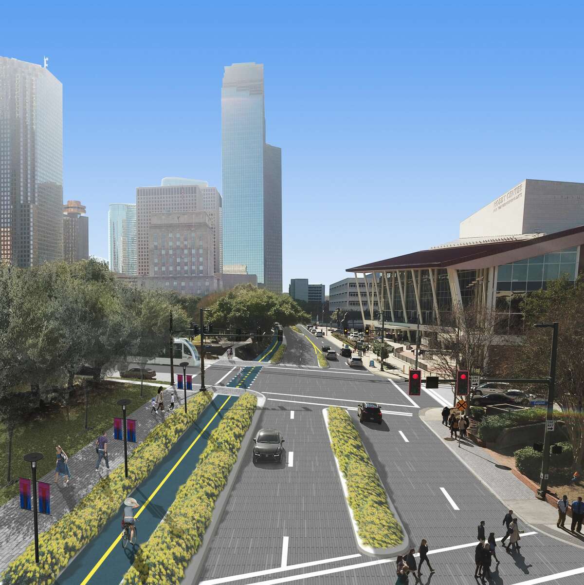 Preliminary renderings of a $22 million redesign of Bagby Street show wider sidewalks and a two-way dedicated bicycle lane.
