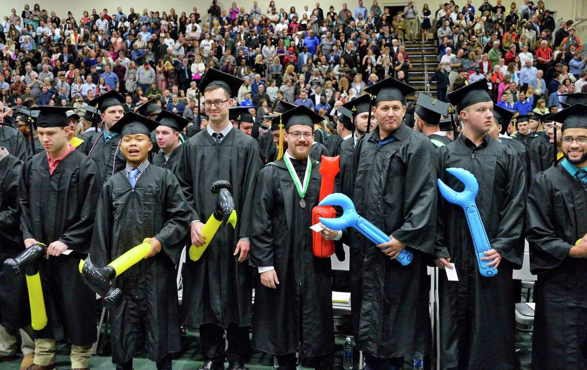 Hudson Valley Community College automotive technology services graduates take their place in the McDonough Sports Complex for Commencement Saturday May 12, 2018 in Troy, NY. (John Carl D'Annibale/Times Union)