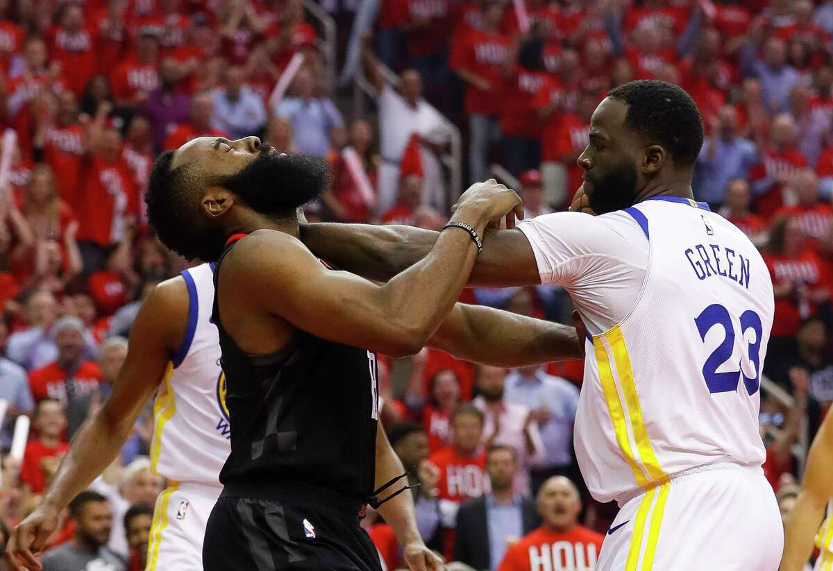 PHOTOS: All the action from Game 1 of the Rockets-Warriors series Golden State Warriors forward Draymond Green (23) pushes Houston Rockets guard James Harden (13) during the first half in Game 1 of the NBA Western Conference Finals at Toyota Center on Monday, May 14, 2018, in Houston. Browse through the photos above for a look at Game 1 of the Rockets-Warriors series.