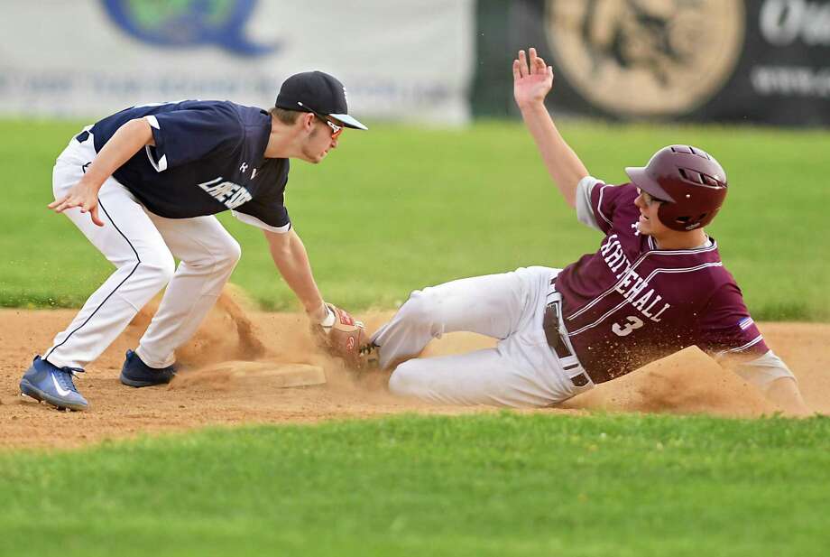 Lake George's Alex Jones tags out Whitehall runner Jake Hunke at second base on Monday, May 14, 2018 in Glens Falls, N.Y. (Lori Van Buren/Times Union) Photo: Lori Van Buren / 20043771A