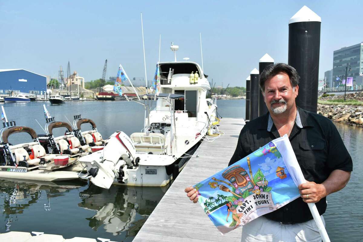 John Davis on May 15, 2018, with "Tiki Kat" boats he began renting at Harbor Point in Stamford via his startup Captain John's Tiki Tours which will include floating tiki bars and yacht charters.