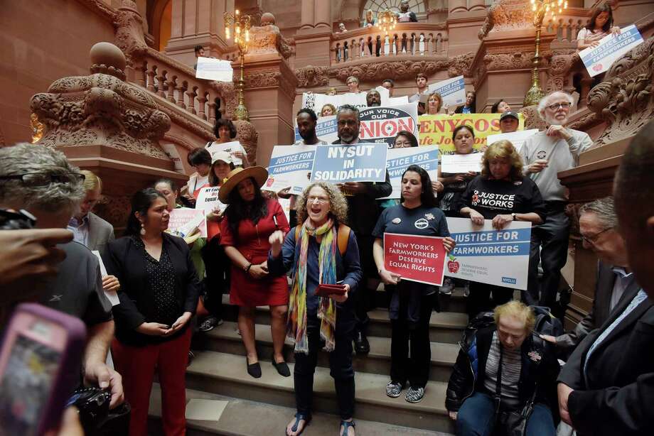 Donna Lieberman, director of the NYCLU, addresses members of various organizations that were calling on the legislature to pass the Farmworker Fair Labor Practices Act at a rally inside the Capitol on Tuesday, May 15, 2018, in Albany, N.Y.  (Paul Buckowski/Times Union) Photo: PAUL BUCKOWSKI, Albany Times Union / (Paul Buckowski/Times Union)