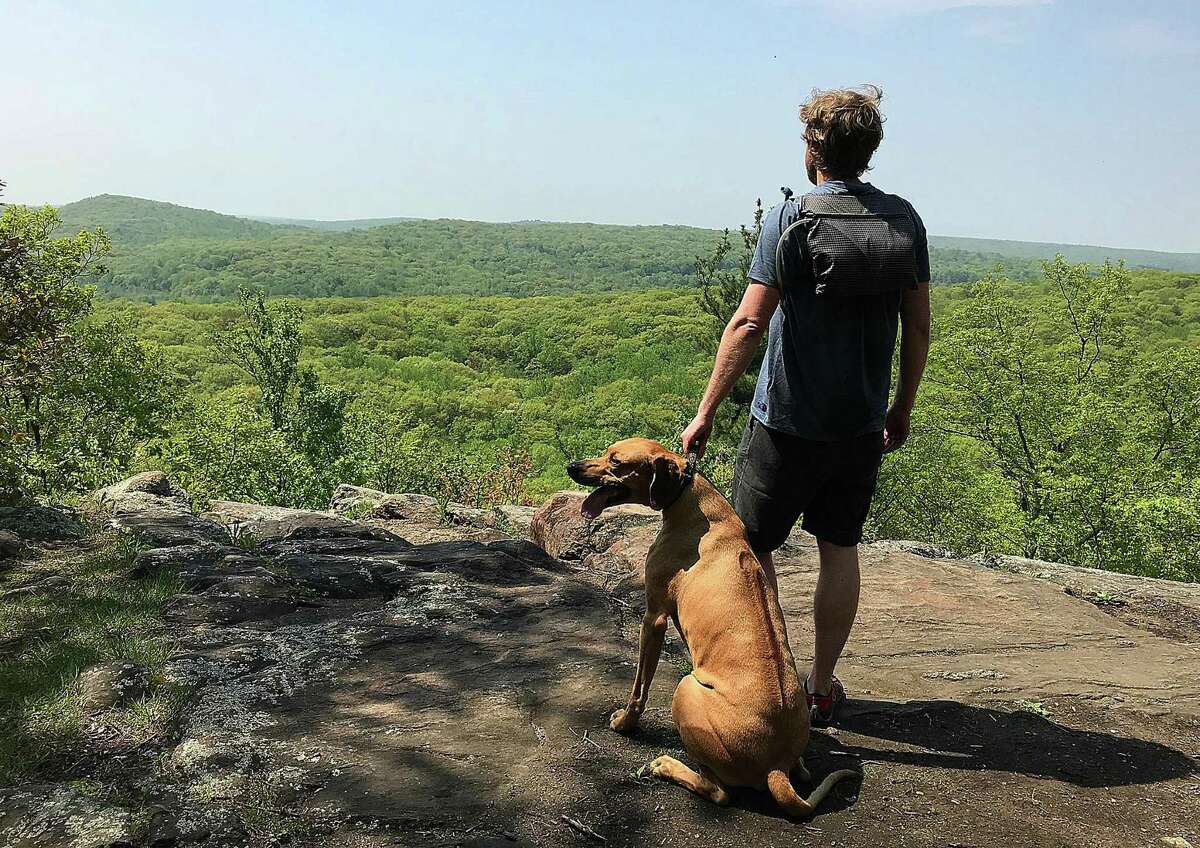 Ridgeback backpack founder Jon Espeland and his dog Kumba stand at a lookout area at Pine Mountain in Ridgefield, Conn., on Tuesday, May 15, 2018.
