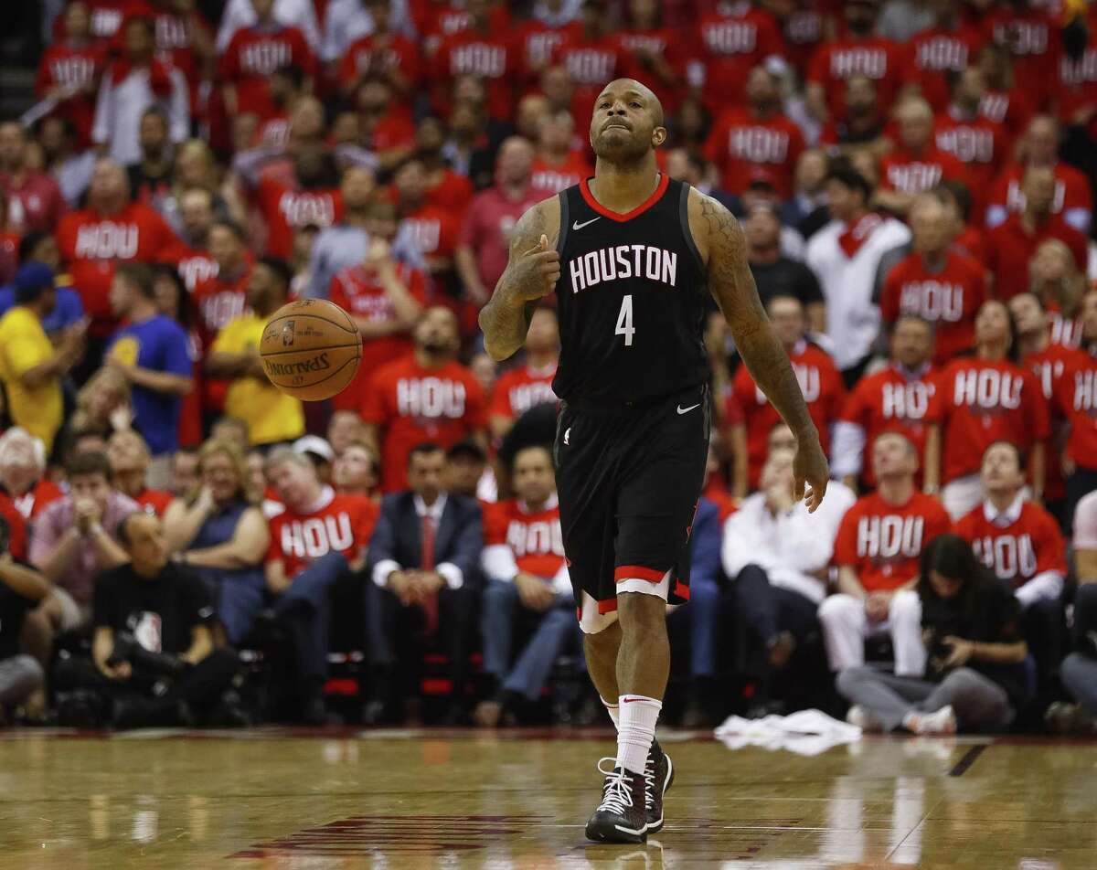 Houston Rockets forward PJ Tucker (4) reacts during the second half in Game 1 of the NBA Western Conference Finals at Toyota Center on Monday, May 14, 2018, in Houston. ( Brett Coomer / Houston Chronicle )