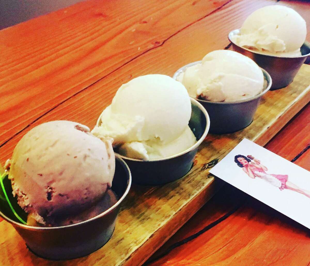 The House Boozy Ice Cream & Brews offers flights of booze-infused ice creams for $12. This lineup includes (from left to right): The Groom's Cake (Kahlúa), On the Rocks (tequila), French Toast (Fireball) and Bourbon Vanilla (Jim Beam Honey).