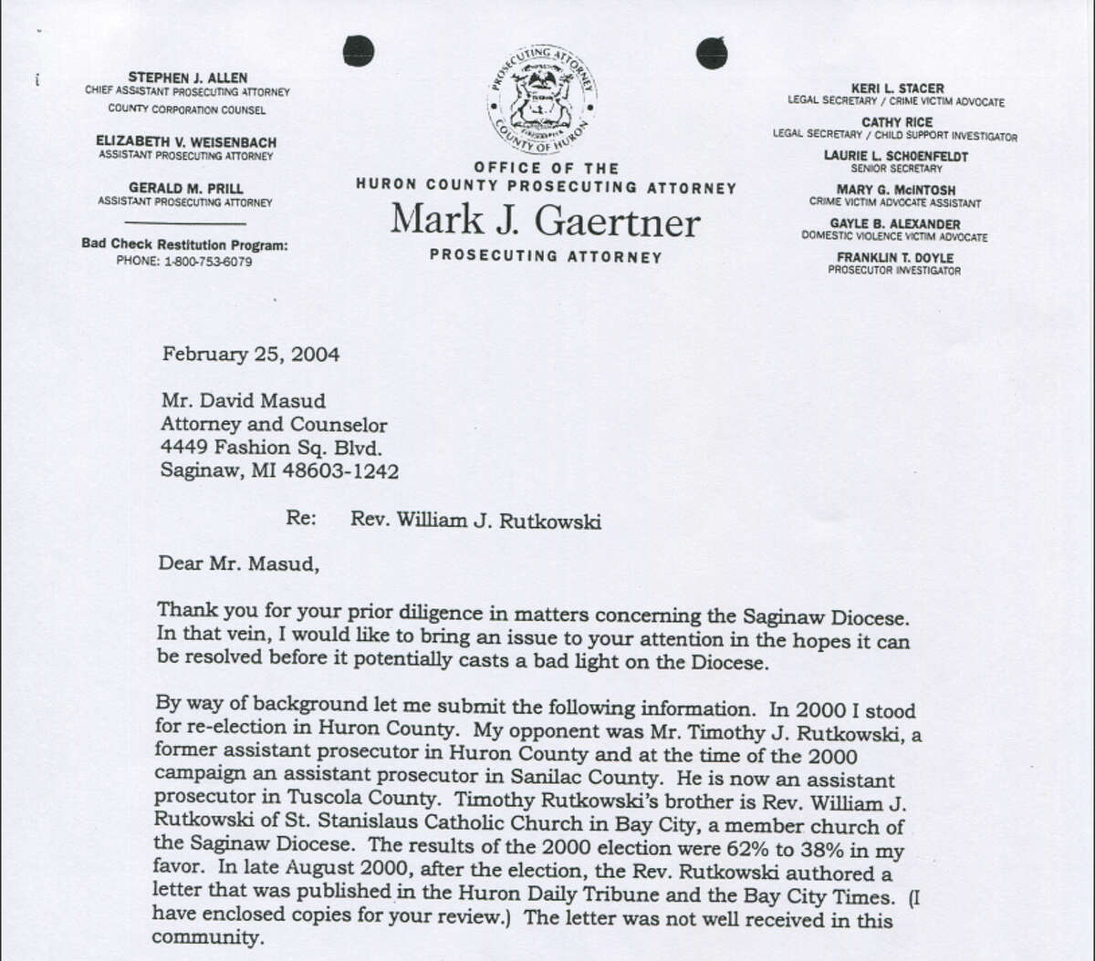 This is a 2004 letter from former Huron County Prosecutor Mark Gaertner to an attorney representing the Diocese of Saginaw.