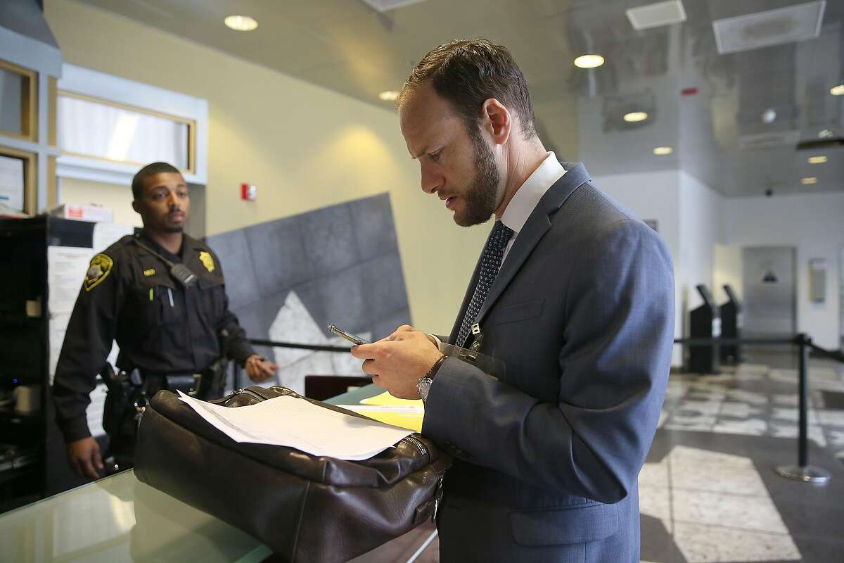 Deputy public defender Chesa Boudin checks in at county jail #2 as part of the public defender pretrial release unit on Monday, May 14, 2018 in San Francisco, Calif.