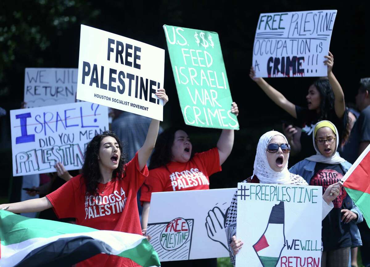 Students with the University of Houston group Students for Justice in Palestine, protest outside the Consulate General of Israel at Greenway Plaza on Tuesday, May 15, 2018, in Houston.