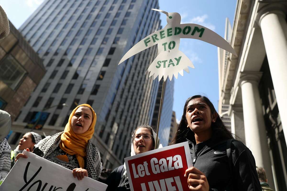 (left to right) Tamara Zafer, Yasmien Abunamous and Smrithi Manickam take part in the "Nakba Day Protest" in front of the Israeli Consulate on Montgomery Street in San Francisco, CA on Tuesday, May 15, 2018.