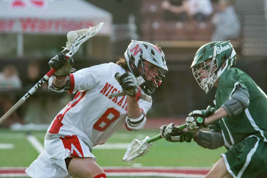 Niskayuna's Sweeney Eoghan charges past a Shenendehowa defender during a game on Monday, May 15, 2018, at Union College in Schenectady, N.Y. (Jenn March, Special to the Times Union) Photo: Jenn March / © Jenn March 2018 © Albany Times Union 2018