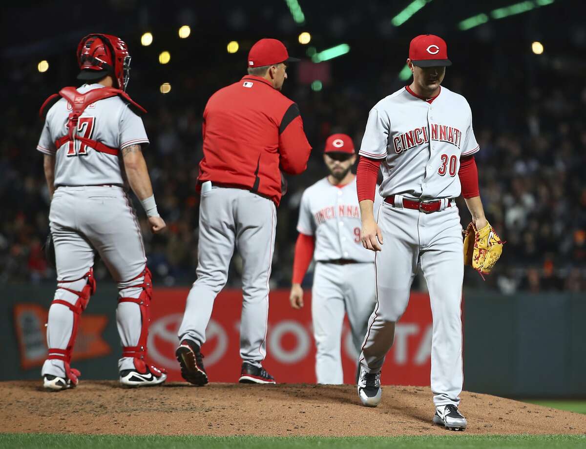 Cincinnati Reds pitcher Tyler Mahle (30) leaves the baseball game during the fourth inning against the San Francisco Giants on Tuesday, May 15, 2018, in San Francisco.