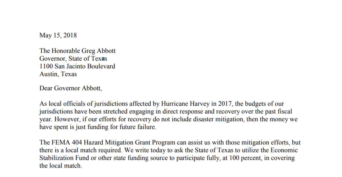 A screenshot of a letter from Houston officials regarding additional funding for disaster relief months after Hurricane Harvey.