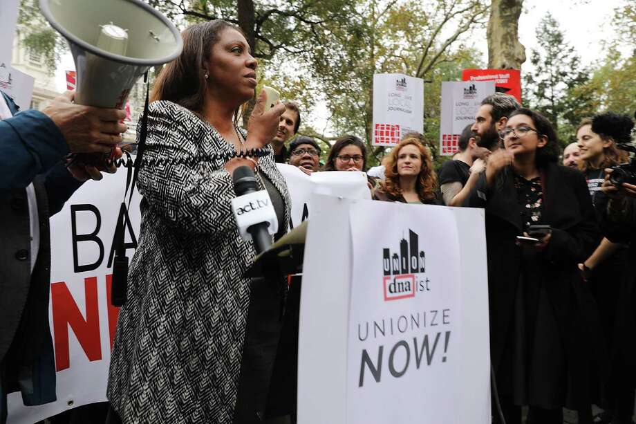 NEW YORK, NY - NOVEMBER 06:  Letitia "Tish" James, Public Advocate for the City of New York, speaks to dozens of writers, journalists, labor activists and DNAinfo and Gothamist employees during an afternoon rally at City Hall Park hosted by the Writers Guild of America  to support the journalists and other staff members who lost their jobs at the publications after they voted to form a union on November 6, 2017 in New York City. Last Thursday, local  New York news websites Gothamist and DNAinfo were abruptly shut down by their billionaire owner Joe Ricketts just a week after company employees successfully unionized.  (Photo by Spencer Platt/Getty Images) ORG XMIT: 775071240 Photo: Spencer Platt, Getty / 2017 Getty Images