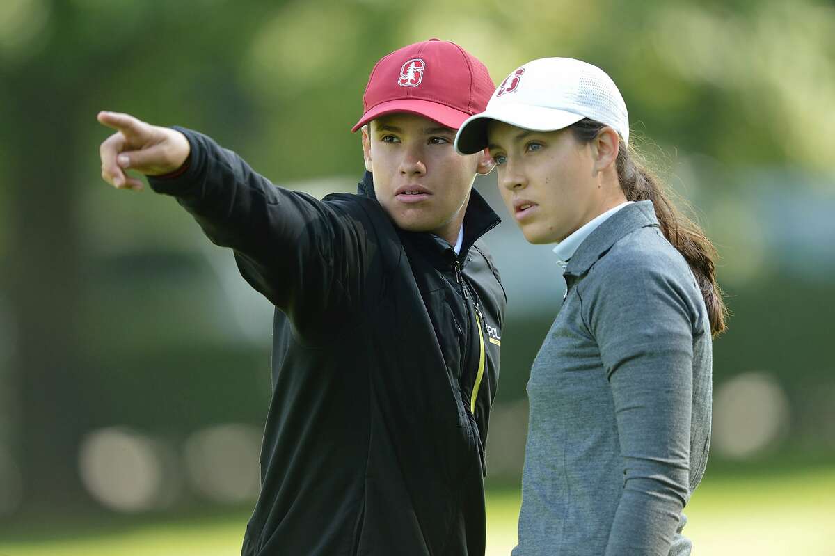 Stanford's Albane Valenzuela (right) finished second in the European Ladies Amateur Championship in July 2017, with younger brother Alexis (left) as her caddie.