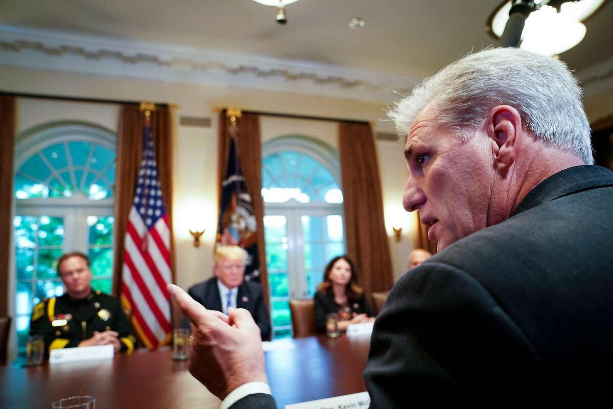 House Majority Leader Kevin McCarthy (R-Calif.) speaks during a roundtable with President Donald Trump about California�s so-called sanctuary laws in the Cabinet Room of the White House in Washington, May 16, 2018. (Doug Mills/The New York Times)