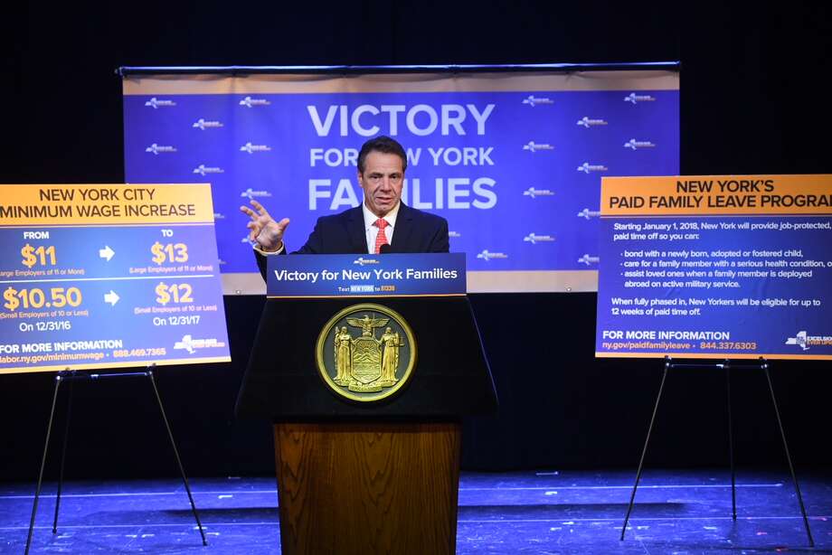 Gov. Andrew Cuomo announced the second increase toward a statewide $15 per hour minimum wage and the launch of the paid family leave policy on Dec. 31, 2017, in New York. (Office of the Governor)