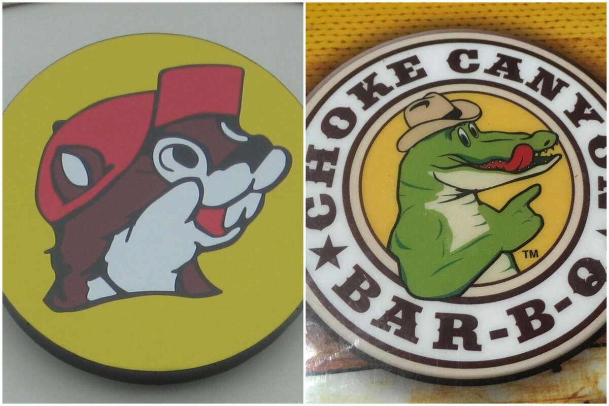 FILE - A composite photograph of the logos of Buc-ee's and Choke Canyon. Tuesday, a Houston jury ruled against Choke Canyon's alligator mascot, declaring the logo infringed on Buc-ee's brand of roadside emporiums.