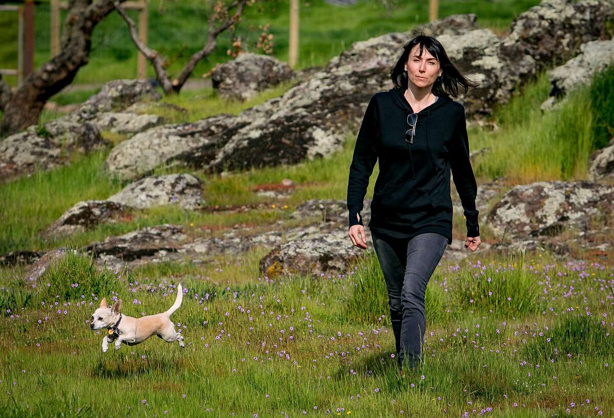 Leslie Caccamese with her dog "Twinkle" on the property she once owned where she wanted to plant a vineyard in Napa, Calif. is seen on March 31st, 2018.