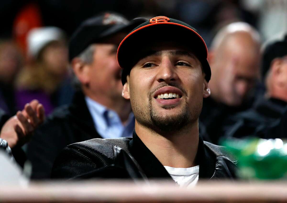 Golden State Warriors' Klay Thompson attends San Francisco Giants' game against Colorado Rockies at AT&T Park in San Francisco, CA on Thursday, May 17, 2018.