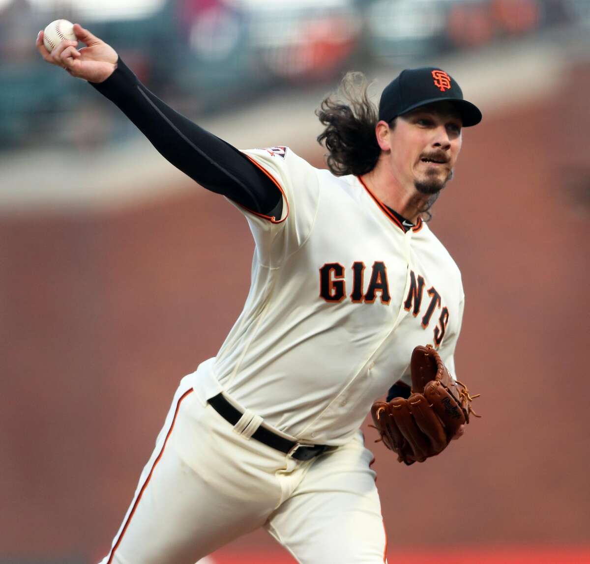 San Francisco Giants' Jeff Samardzija delivers in 1st inning against Colorado Rockies during MLB game at AT&T Park in San Francisco, CA on Thursday, May 17, 2018.
