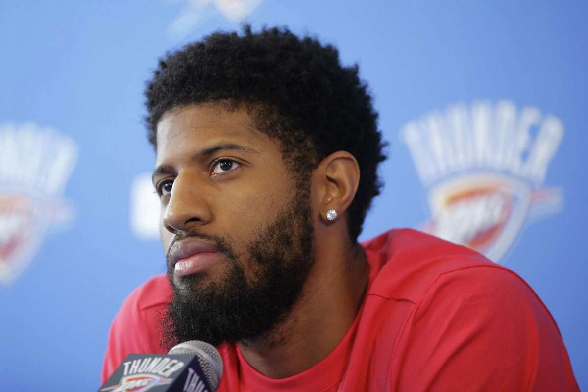 Oklahoma City Thunder's Paul George speaks to reporters in Oklahoma City, Saturday, April 28, 2018, the day after the team's loss in the first round of the NBA playoffs to the Utah Jazz. (Bryan Terry/The Oklahoman via AP)