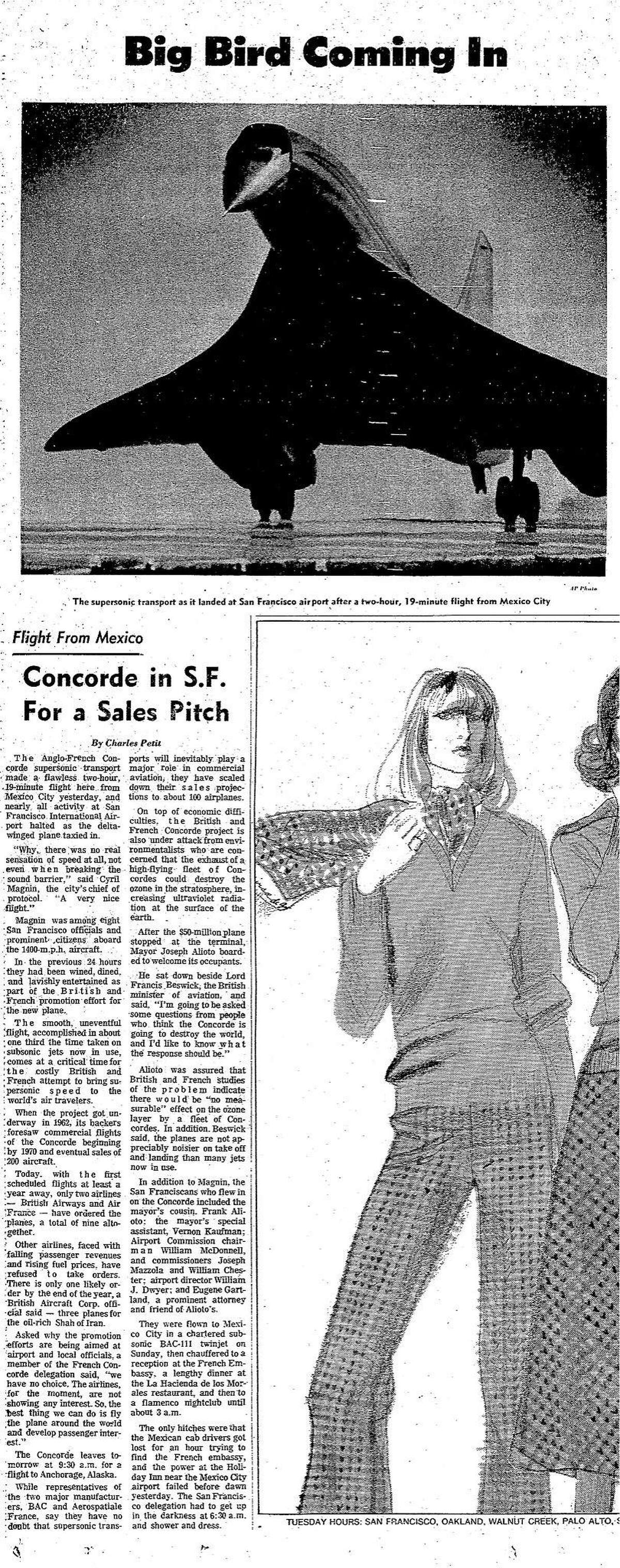 The October 22, 1974 Chronicle reports on the arrival, for the first time in the Bay Area, the Concorde, which would touch down at San Francisco International Airport